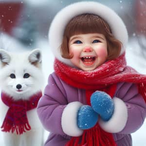 Playful Afternoon: Girl and White Fox in Snow