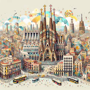 Barcelona City Mosaic Art - Explore Vibrant Cartoon Interpretation