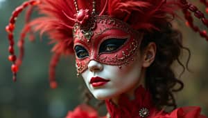 Human Ant Queen Hybrid in Red Venetian Mask