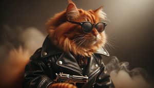 Red-Haired Cat in Leather Jacket - Biker Style