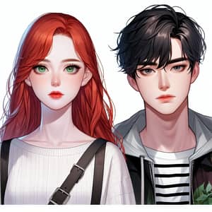 Red-Haired Woman and Young Man in Trendy Street Fashion