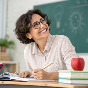 Smiling Teacher with Glasses at Desk