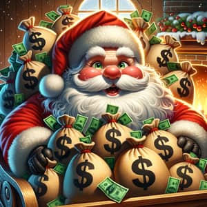 Santa Claus Cartoon with Bags of Cash - Festive Wealth Illustration