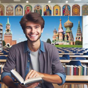 Joyful Mixed Heritage College Student in Vibrant Library