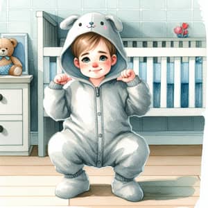 Whimsical Watercolor Art of a Cheeky Boy in a Nursery