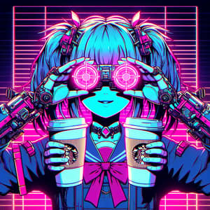 Playful Cyberpunk Anime Girl with Coffee Cups