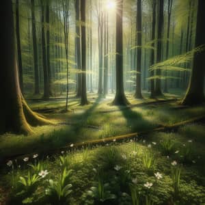 Tranquil Ukrainian Spring Forest: Sunlit Foliage & Delicate Flowers