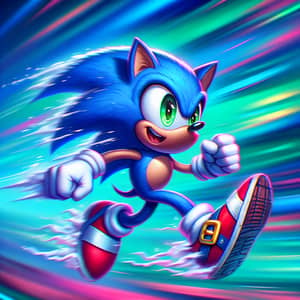 Blue Anthropomorphic Hedgehog Running Swiftly in Colorful Landscape