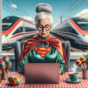 Gray-Haired Superhero Grandmother at Laptop with Futuristic Locomotives View