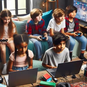 Diverse Kids Gaming Scene: Online Multiplayer Fun