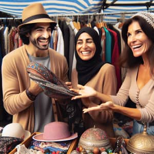 Cheerful Lady Seller at Bustling Flea Market Event | Products & Happy Customers