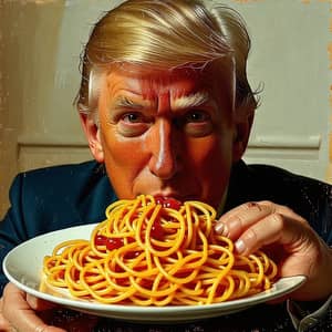 Political Figure Enjoying Spaghetti in Italian Painting Style