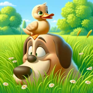 Duck & Dog in Grassland: Playful Cartoonish Scene