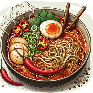 Spicy Ramen Bowl with Rich Dark Broth and Fresh Garnishes