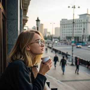 19-Year-Old Blonde Girl Enjoying Coffee in the City