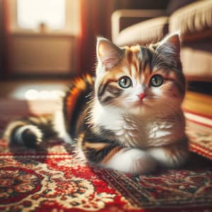 Multi-Colored Cute Domestic Cat on Plush Rug