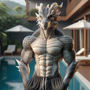 Male Dragon Demi-Human Swimwear Pose by Pool - 4K Image