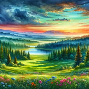 Breathtaking Nature Scene - Green Forest, Serene Lake, Vibrant Sunset