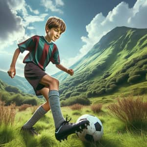 Young Boy Playing Football on Green Mountainside