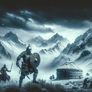 Kazakh Warrior Amidst Winter Conflict | Ancient Scene