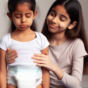 Playful Interaction: Ten-Year-Old Girl in Full Diaper with Smirking Sister