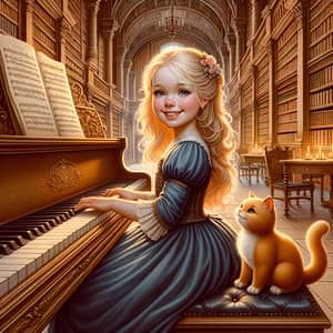 Seven-Year-Old Princess Playing Grand Piano with Orange Cat in Baroque-Inspired Fantasy Library