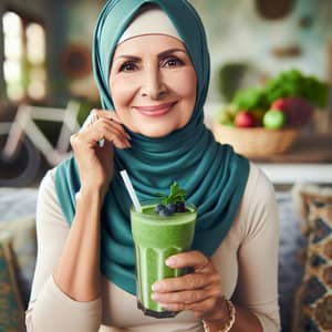 Cute Mature Woman in Hijab with Green Shake