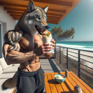 Fit Wolf Enjoying Burrito on Beach House Terrace