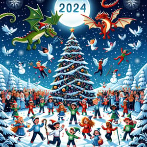 2024 New Year's Eve Party T-Shirt Design with Festive Cartoon Illustration