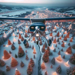 Vintage Cessna Airplane Flying Over Snow-Covered Christmas Scene