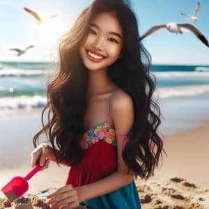 Summer Beach Day: Happy South Asian Girl Building Sandcastle