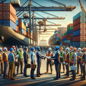 Shift Handover Scene in a Bustling Port - Diverse Dock Workers at Work