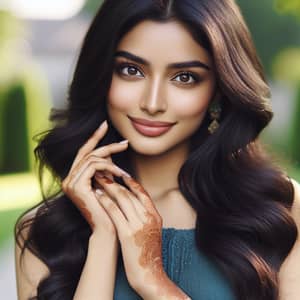 Beautiful South Asian Woman in Elegant Teal Dress