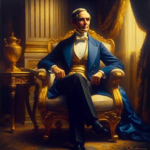 Neoclassical Oil Painting of Distinguished Figure in Royal Blue Tuxedo