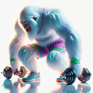 Energetic Yeti in Bright Sports Attire Lifts Dumbbells