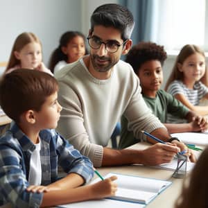 Dedicated Primary School Teacher Instructing Multicultural Students