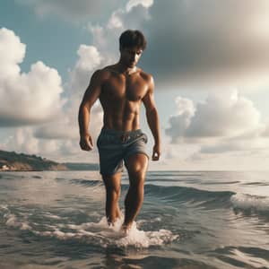 Man Walking Waist-Deep in the Sea in Shorts