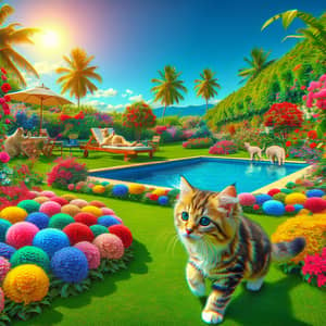 Cat Strolling in a Beautiful Garden by the Pool