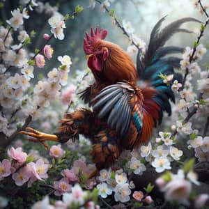 Fierce Rooster Among Spring Flowers