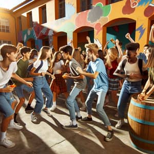 Diverse Teenage Students Playfully Interact in School Courtyard