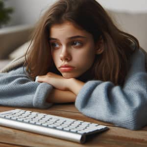 Tired Caucasian Girl Looking Around Keyboard