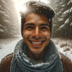 Hispanic Individual Enjoying Snowfall in Enchanted Forest