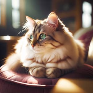 Adorable Domestic Feline with Cocoa and Cream Fur on Burgundy Cushion