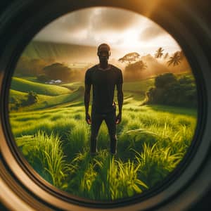 Sublime Black Man in Serene Landscape at Golden Hour