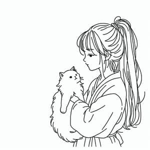 Simple Line Drawing of a Girl Holding a Cat