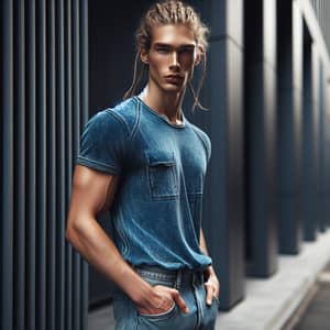 Stylish African American Man in Blue T-shirt and Jeans