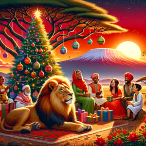 Vibrant Holiday Scene in Africa with Lions and Diverse Group