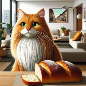 Charming Orange Cat Enjoys Brioche in Aesthetic Setting