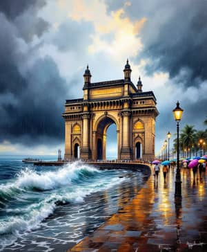 Gateway of India: A Rainy Day Oil Painting