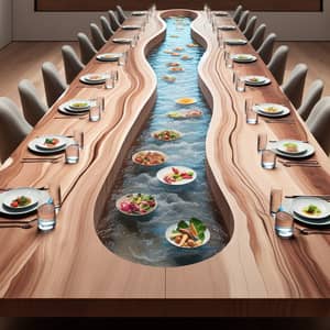 Unique Dining Experience: Floating Plates on Meandering Water Channel